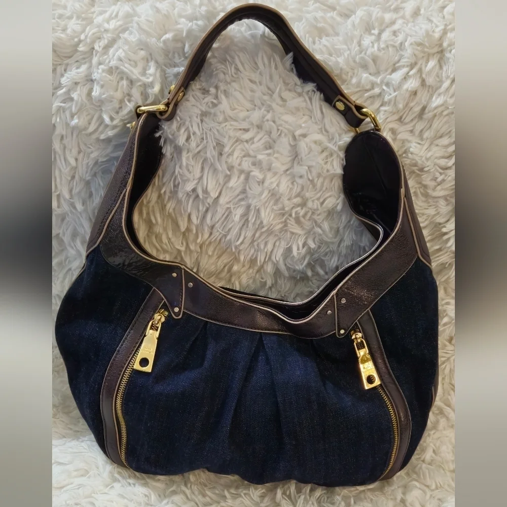 Dana Buchman Demin Navy and Brown Faux Leather Trim w/Gold Hardware Hobo Bag